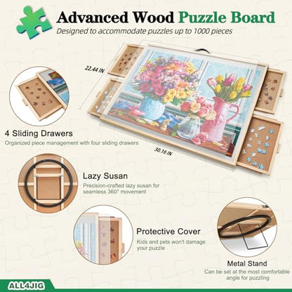 ALL4JIG 1000 Pieces 2-in-1 Tilting & Rotating Puzzle Board, 30.16" x 22.44"Adjustable Angle Puzzle Board with 4 Drawers & Clear Protective Cover, Birthday Gift for mom - color: Iron, size: Small-1000pcs