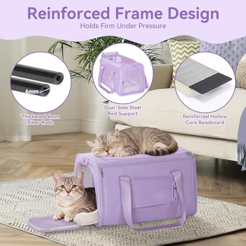 PETSFIT Soft-Sided Cat Carrier with Patented Safety Buckles, Lockable Zippers & Safety Tether,Escape-Resistant Travel Pet Carrier for Car Rides & Vet Visits, Airline Approved Under-Seat, Up to 12 lbs - color: Purple, size: Medium
