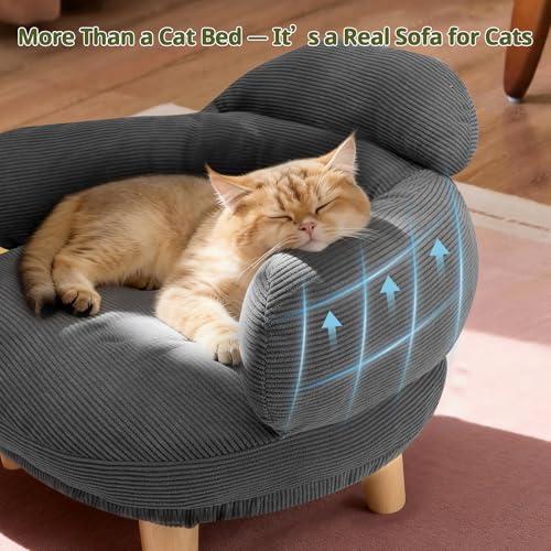 Cat Sofa Furniture-Style Pet Bed with Removable Cotton Velvet Cover, Solid Pine Wood Legs, for Cats and Small Dogs, Gray - color: Gray