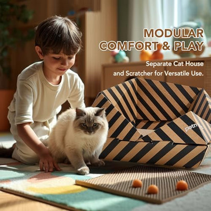 Foldable Cardboard Cat House & Bed for Indoor Cats – Origami Cat Cardboard Hideaway with Honeycomb Scratcher Pad, Collapsible Travel-Ready, FSC-Certified, Silver Award Winner, Black - color: Black