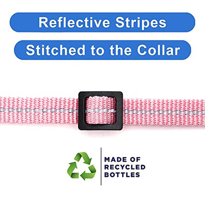 Pawtitas Recycled Pink Reflective Cat Collar – Eco-Friendly Breakaway Safety Buckle, Adjustable Kitten & Adult Collar with Removable Bell and High-Visibility Strap - color: Recycled Pink