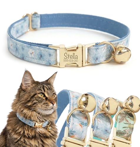 Engraved Floral Cat Collar with Removable Bow Tie - Personalized ID Tag & Safety Bell, Adaptive Polyester Design, （Non-Breakaway） - Floral Pattern Collection - color: Blue Wings, size: L