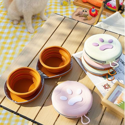 Bear Paw Foldable Pet Bowl, Dual Bowl Design for Food and Water,6.1in，Pink,Orange and Beige (Pink) - color: Pink