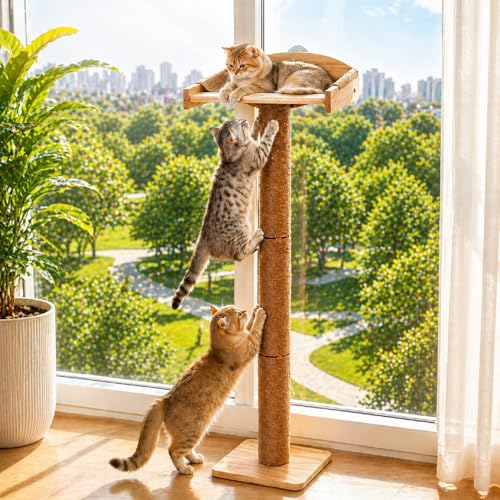 42'' Cat Tree Window Sill Perch with Tall Vertical Scratching Post Height-Adjustable Indoor Hammock Bed for Large Cats Drill-Free Suction Cup Climbing Tree Tower for Sunbathing & Bird Watching (Wood) - color: Wood, size: M