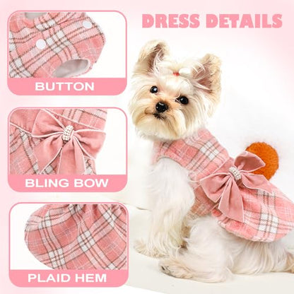 Dog Sweater Dress,Pink Plaid Dog Dress for Small Dogs Girl, Fall Winter Warm Fleece Lining Female Clothes, Pet Outfits Coat, Cat Apparel Holiday Christmas, Small - color: Plaid Pink, size: Small (Chest 16.9 in)