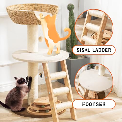 Natural Wood Modern Cat Tree with Top Cats Bed, Unique Cute Cats Furniture Activity Centre with Sisal Rope Scratching Posts, Cats Tower Condo with Interactive Cat Toy Tree - color: SCT004 new-1