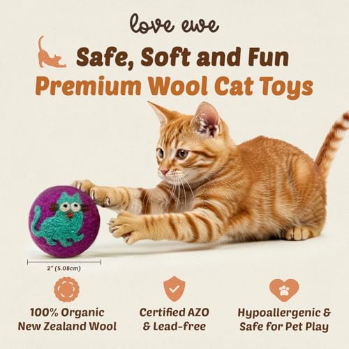Hustle & Blush Love Ewe Felted Cat Toys 3 Pack - 2 Inch Cat & Mouse Hand Made Cute & Fun Design Kitten Wool Felt Balls for Indoor Play & Exercise - 100% New Zealand Handmade Felted Balls - color: Cat/Mouse
