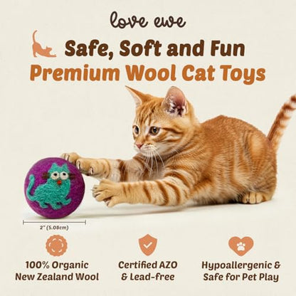 Hustle & Blush Love Ewe Felted Cat Toys 3 Pack - 2 Inch Cat & Mouse Hand Made Cute & Fun Design Kitten Wool Felt Balls for Indoor Play & Exercise - 100% New Zealand Handmade Felted Balls - color: Cat/Mouse