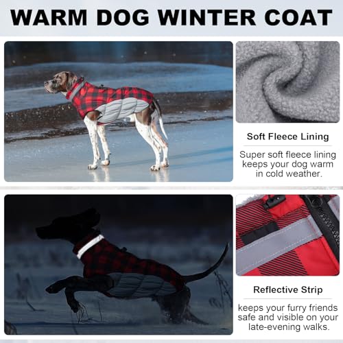 BEAUTYZOO Dog Winter Coat with Harness Built in, Reflective Plaid Puffer Vest Waterproof for Large Dogs, Fleece Warm Puppy Zipped Jacket with D Ring, Pet Cold Weather Sweater Clothes, Red L - color: Red Buffalo, size: Large