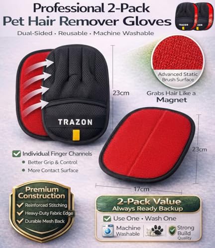 Trazon Pet Hair Removal Gloves 2 Pack – Electrostatic Pet Hair Removal Mitt for Cats & Dogs – Magic Brush Pet Hair Remover & Reusable Lint Brush Alternative for Couch, Furniture, Clothes & Car Seats