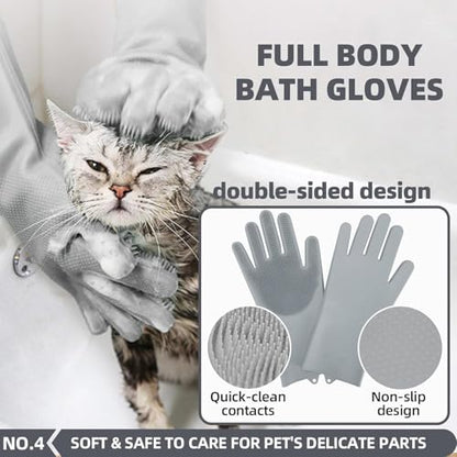 6-in-1 Grey Pet Grooming Kit: Hair Brush, Towel, Washing Gloves, Slicker Brush, and Shampoo Scrubber for Dogs and Cats - color: 6-Bath-Grey