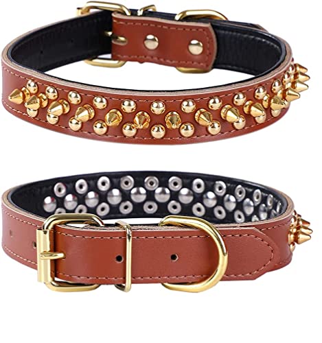 Spiked Studded Dog Collar, Genuine Leather Dog Collar, Adjustable Pet Collars for Small or Medium Pet (S, Brown-1) - color: Brown-1, size: S