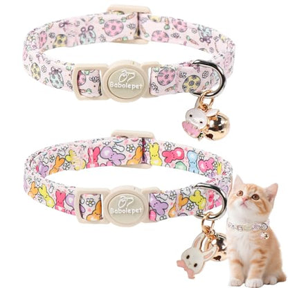 2 Pack Easter Cat Collars - Pastel Bunny&Egg Print Breakaway Easter Cat Collar with Bell & Bunny Pendant, Adjustable Cute Spring Holiday Kitten Collars for Boy Girl Cats - color: Pastel Bunny&Egg
