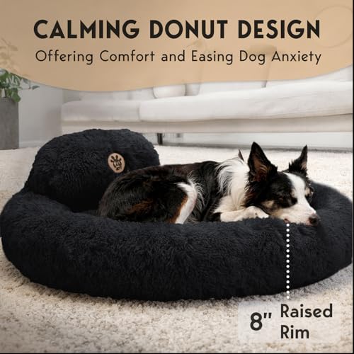 PetJett Large Dog Bed - 36'' Calming Donut Dog Beds, Anti-Slip & Washable Large Round Bed, Fluffy Faux Fur Pet Bed, Super Soft Anti-Anxiety Premium Comfort Bed, Fits Dogs up to 80 lbs - Black - color: Black, size: Large - 36”L x 36”W x 8”Th