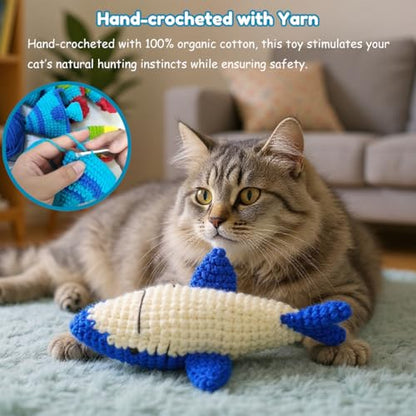 Catnip Fish Toy - Hand-Crocheted with Real Catnip & Bell, Interactive Kicker Toy for Cats Kitten, Soft & Safe for Biting - color: Shark