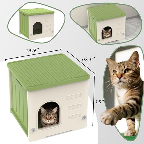 Stackable Cat House for Outdoor Indoor Use, Feral Cat Shelter Weatherproof Waterproof Elevated (Medium) - color: Green-M
