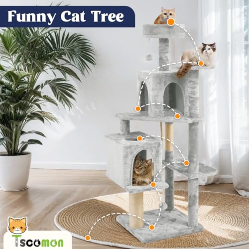 58.5inch Large Cat Tree Tower Condo for Indoor Cats, Soft Plush Multi-Level Climbing Tree Cat House, Scratching Post, More Entrance/Exit, Sisal Rope, Light Grey - color: Light Grey