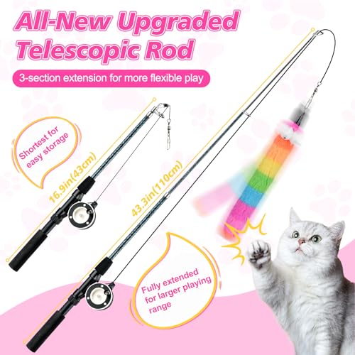 Pawaboo Cat Teaser Wand Toys, Cat Fishing Pole Toy with 3 Pack Feather Refills, 3-section Retractable Kitten Feather Toys with Pulley, Indoor Cats Teaser Catcher Exerciser with Bell,Rainbow + Rose Red - color: Plush-Rainbow