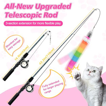 Pawaboo Cat Teaser Wand Toys, Cat Fishing Pole Toy with 3 Pack Feather Refills, 3-section Retractable Kitten Feather Toys with Pulley, Indoor Cats Teaser Catcher Exerciser with Bell,Rainbow + Rose Red - color: Plush-Rainbow