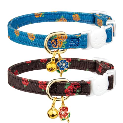 2 Pack Cotton Breakaway Cat Collar Blue and Black Rose Pendant Cute Kitten Cat Collar with Bell - color: Blue Rose&Black Rose