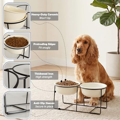 Ceramic Elevated Dog Bowl Set - Raised Double Feeding Bowls with Metal Stand - Pet Dishes for Medium and Large Dogs - 5.8 Cups - 47.3 fl oz - Beige - color: Beige, size: XL-800ml