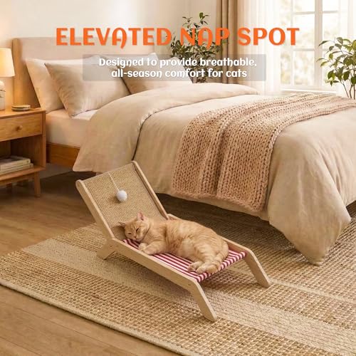 PETKARAY Beach Chair Cat Hammock, Elevated Cat Beds for Indoor Cats, Original Cozy Lounger with Sisal Scratcher and Toy Ball - color: Red