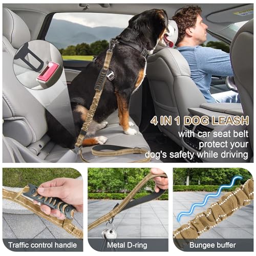 Tactical Dog Leash Heavy Duty, 4-6FT Shock Absorbing Bungee Dog Leash, Reflective Military Strong No Pull Lead with 2 Padded Handle and Car Seatbelt for Medium Large Dogs, Khaki - color: Khaki