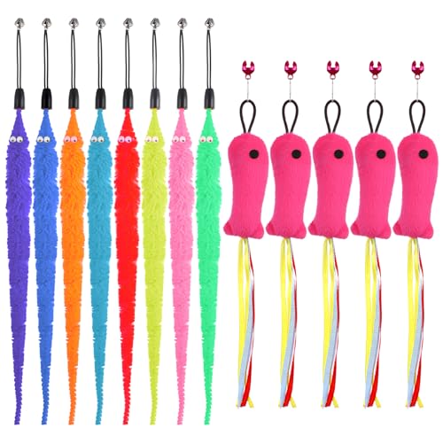 Qianyu 15 PCS Fish and Worm Catnip Toys Interactive Cat Toys Cat Feather Wand Accessories with Ribbons Plush Filled Cats Toy Worm Fish Refills for Play Exercise Chase Chew Indoor