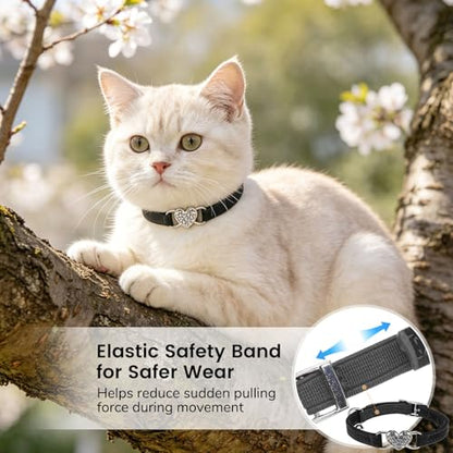 BINGPET Diamond Cat Collar,Adjustable Soft Velvet Leather Safe Kitten Collar with Crystal Heart Charm and Bells,Girl Boy Bling Stylish Cat Collars with Safety Elastic (Black, Neck Girth 6"-8") - color: Black(Heart), size: Neck Girth 6"-8"