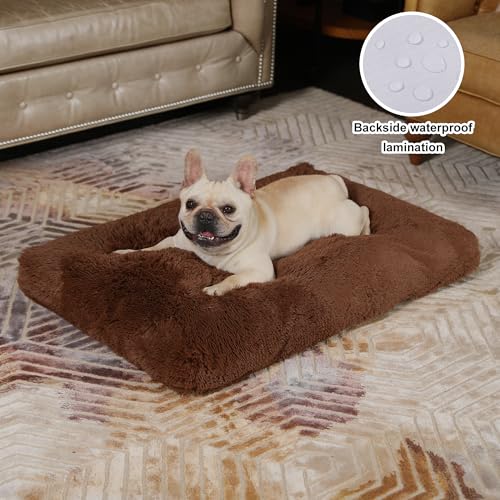 Bedfolks Plush Waterproof Dog Crate Bed, Pad with Removable Cover, Faux Fur, Washable Kennel Bed 29"x21", Solid Brown - color: Solid Brown, size: Medium(29x21'')