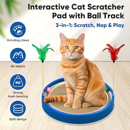 20-Inch Round Cat Scratcher with Ball Track – 3-in-1 Cardboard Scratching Pad with Feather Toy & Non-Slip Base – Interactive Cat Toy for Indoor Cats, Kittens & Large Cats (Blue) - color: Blue