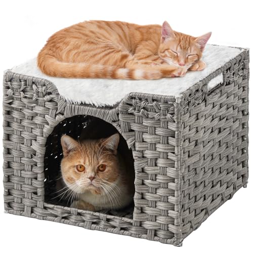 SETVSON Cat Beds Indoor Kitten House, Handwoven Rattan Cat Cave Pet Cube, Large Cat Houses, One Bed Mat, Foldable, Hideaway, 16.5x16.5x13.2 Inches, 2 S-Shaped Hooks in Living Room Bedroom Gray - color: Gray, size: Rectangle-M