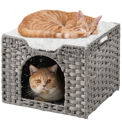 SETVSON Cat Beds Indoor Kitten House, Handwoven Rattan Cat Cave Pet Cube, Large Cat Houses, One Bed Mat, Foldable, Hideaway, 16.5x16.5x13.2 Inches, 2 S-Shaped Hooks in Living Room Bedroom Gray - color: Gray, size: Rectangle-M