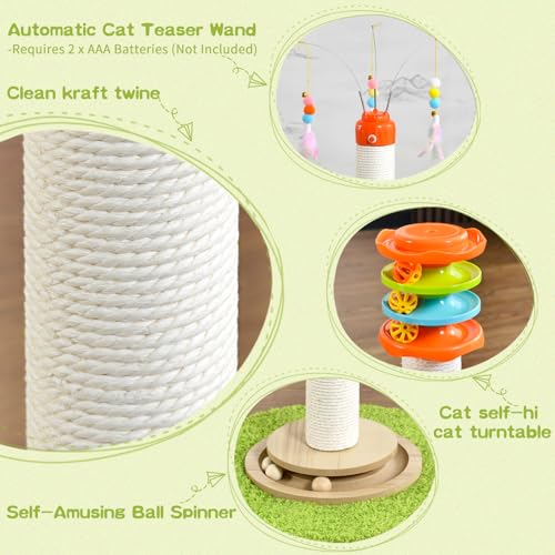 YARUOMY Cat Scratching Post，40'' Tall Cat Scratcher Tree Cat Toys for Indoor Cats with Cat Toys 4-Tier Roller Track，Automatically Rotating cat Teaser Wand，Hanging Balls for Kittens Adults Cats