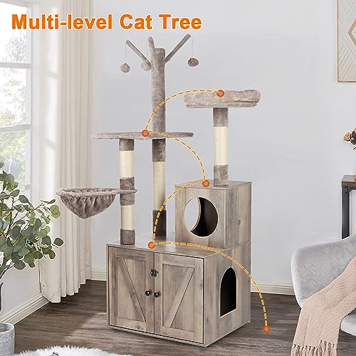 Timberer Litter Box Enclosure with Cat Tree, 2-in-1 Cat Tree Tower, Hidden Cat Litter Box Furniture with Scratching Post, Modern Cat Condo, Grey - color: Grey