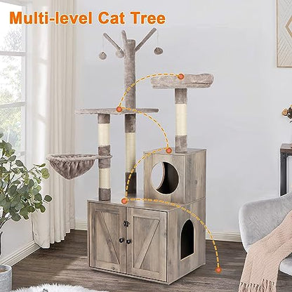 Timberer Litter Box Enclosure with Cat Tree, 2-in-1 Cat Tree Tower, Hidden Cat Litter Box Furniture with Scratching Post, Modern Cat Condo, Grey - color: Grey