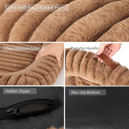 Cute Washable Dog Bed for Small Dogs -Soft Plush Calming Puppy & Cat Bed with Anti-Slip Bottom, Rectangle Anti-Anxiety Puppy Kennel Bed with Handle, 25" x 21" x 4", Brown - color: Brown, size: 25"L x 21"W x 4"Th
