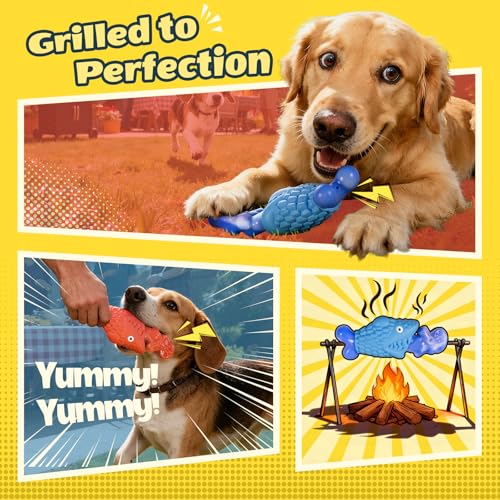 Kseroo Tough Dog Toys for Aggressive Chewers: 2 Pack Indestructible Dog Toys to Keep Them Busy, Tough Chew Toys for Large Dogs, Nylon & Rubber Dog Chew Bones, Squeaky Dog Toy for Large Breed - color: Blue&Red Fish