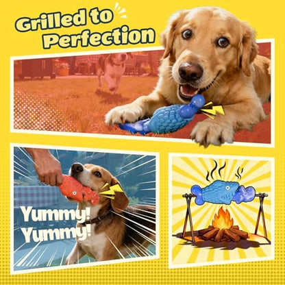 Kseroo Tough Dog Toys for Aggressive Chewers: 2 Pack Indestructible Dog Toys to Keep Them Busy, Tough Chew Toys for Large Dogs, Nylon & Rubber Dog Chew Bones, Squeaky Dog Toy for Large Breed - color: Blue&Red Fish