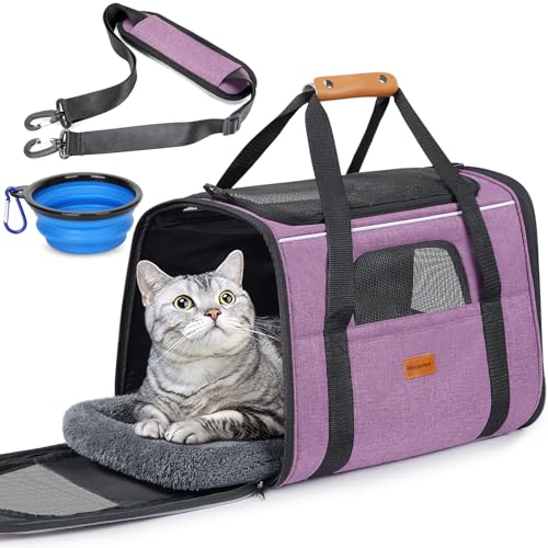 Morpilot Pet Travel Carrier Bag, Soft-Sided Dog Carrier Cat Carrier Pet Carrier, for Large Cats and Medium Puppies up to 25lbs, with Locking Safety Zippers, Foldable Bowl (Purple) - color: Purple -L (Thickened Mat), size: 18.0"L x 12.5"W x 14.0"H