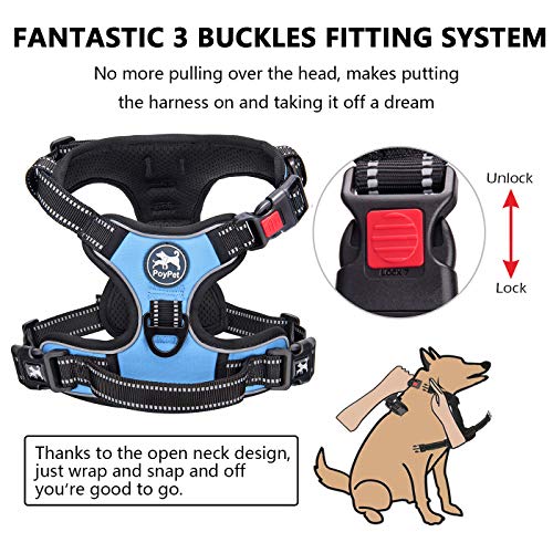PoyPet No Pull Dog Harness, No Choke Front Lead Dog Reflective Harness, Adjustable Soft Padded Pet Vest with Easy Control Handle for Small to Large Dogs(Light Blue,XS) - color: Light Blue, size: XS