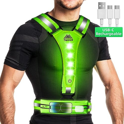 Topward LED Reflective Vest Running Gear, USB-C Rechargeable, Light Up Lights for Night Dog Walking Cycling, Running Phone Holder Vest for Runners, High Visibility with Adjustable Waist/Shoulder - color: green