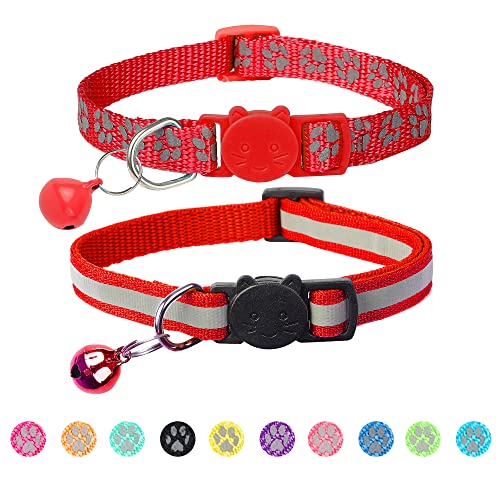 2 Pack Reflective Cat Collar Breakaway with Bell,Personalized Kitten Collars,Adjustable Safety Buckle Collar for Male Cats Girls & Boys (Red) - color: Red