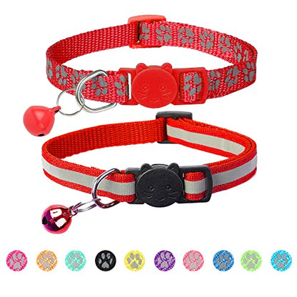 2 Pack Reflective Cat Collar Breakaway with Bell,Personalized Kitten Collars,Adjustable Safety Buckle Collar for Male Cats Girls & Boys (Red) - color: Red