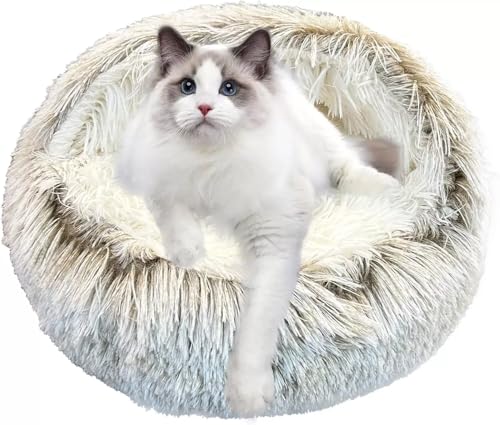 Cat Bed Round Fluffy Hooded Cat Bed Cave, Anti-Anxiety Cave Bed with Hooded Blanket, Cozy Cuddler Luxury Puppy Pet Bed, Anti-Slip Bottom and Machine Washable (Khaki, Medium) - color: Khaki, size: Medium
