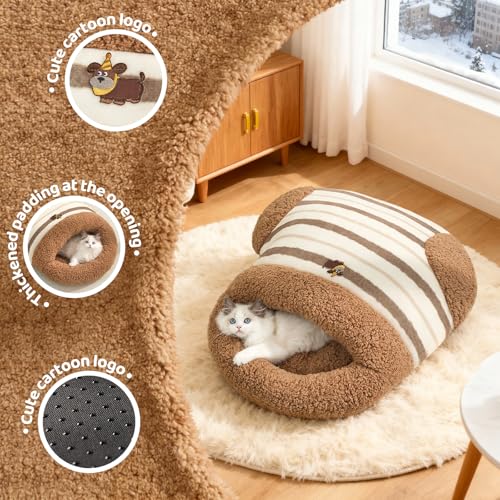 Jiupety Cat Sleeping Bag Cat Beds for Indoor Cats Self-Warming Dog Sleeping Bag Cozy Plush Portable Snuggle Sack Cat Bed Cave Machine Washable for Cats & Small Dogs,Brown Large