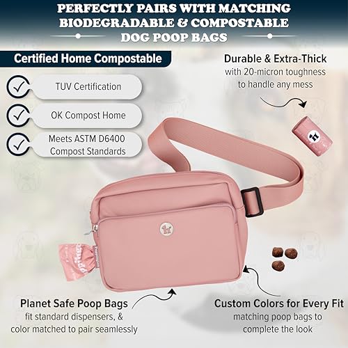 Puppington 3-in-1 Crossbody Dog Treat Pouch for Pet Training - Compostable Poop Bags, Built-In Poop Bag Dispenser, Slow-Feeding Travel Dog Bowl & Reflective Leash - Dog Walking Bag (Blush Pink) - color: Blush Pink