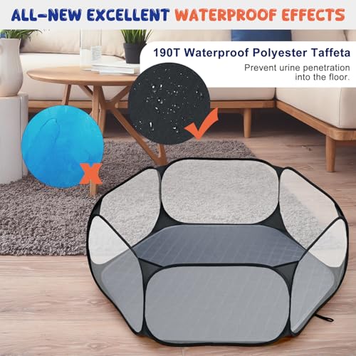 Pawaboo Small Animals Playpen with Pad, Waterproof Small Pet Cage Tent with Reusable Pad, Portable Outdoor Yard Fence for Chick/Kitten/Puppy/Guinea Pig/Rabbits/Chinchillas, Black/Gray - color: Black/Gray