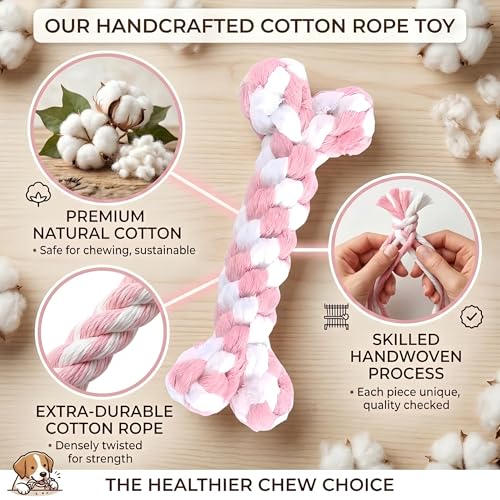 Dog Rope Toys Set with Bone-Shaped Chew Toy, Durable Cotton Rope Toys for Teething, Training, and Interactive Play for Small to Medium Dogs (Pink & White)