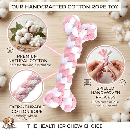 Dog Rope Toys Set with Bone-Shaped Chew Toy, Durable Cotton Rope Toys for Teething, Training, and Interactive Play for Small to Medium Dogs (Pink & White)